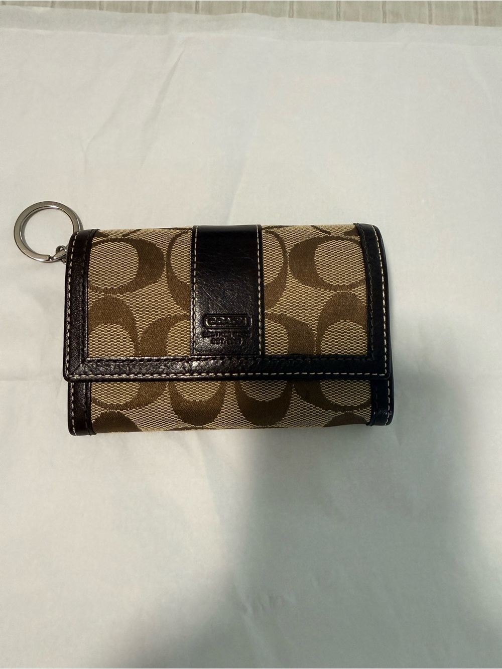 Coach Khaki Signature Canvas Key Card Holder with Brown Leather Trim